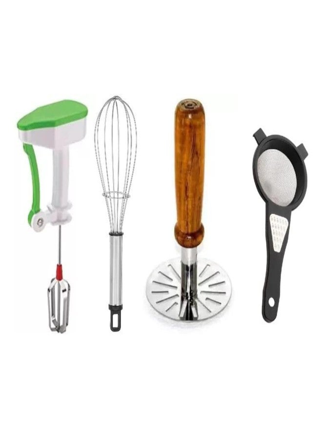OMORTEX Kitchen King Combo Manual Hand Blender Whisk Wooden Masher and 2 in 1 Strainer Set of 4 Multipurpose Kitchen Preparation Tools for Mixing Mashing Straining Daily Cooking Use - Image 1